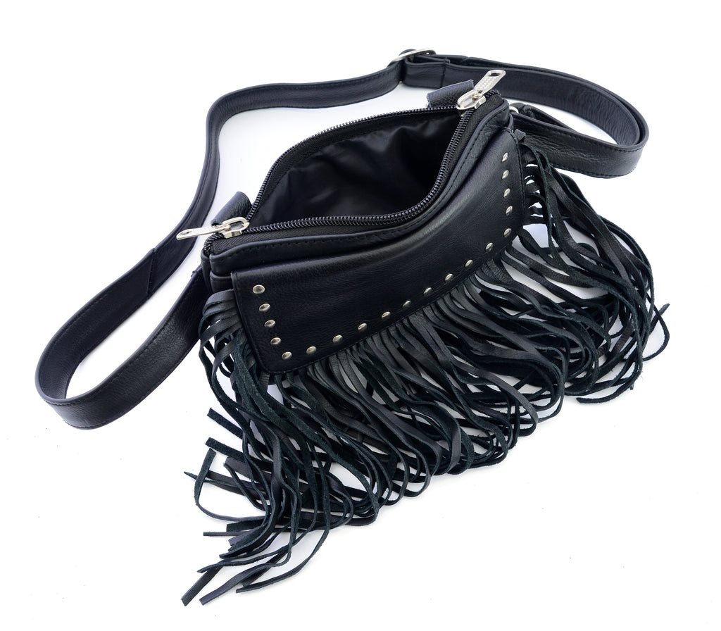Black Fringe and Studded Hip Clip Leather Bag