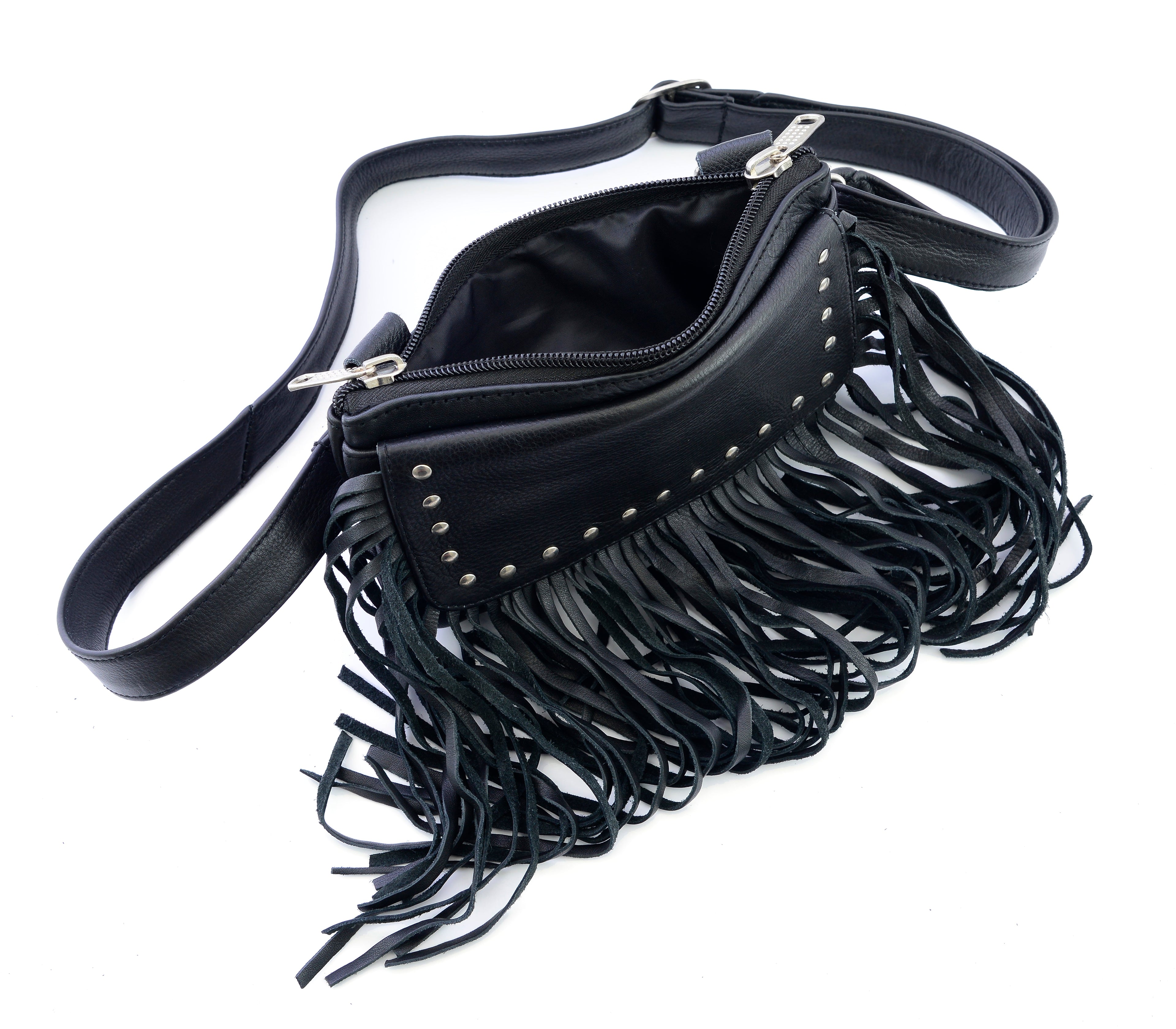 Black Fringe and Studded Hip Clip Leather Bag
