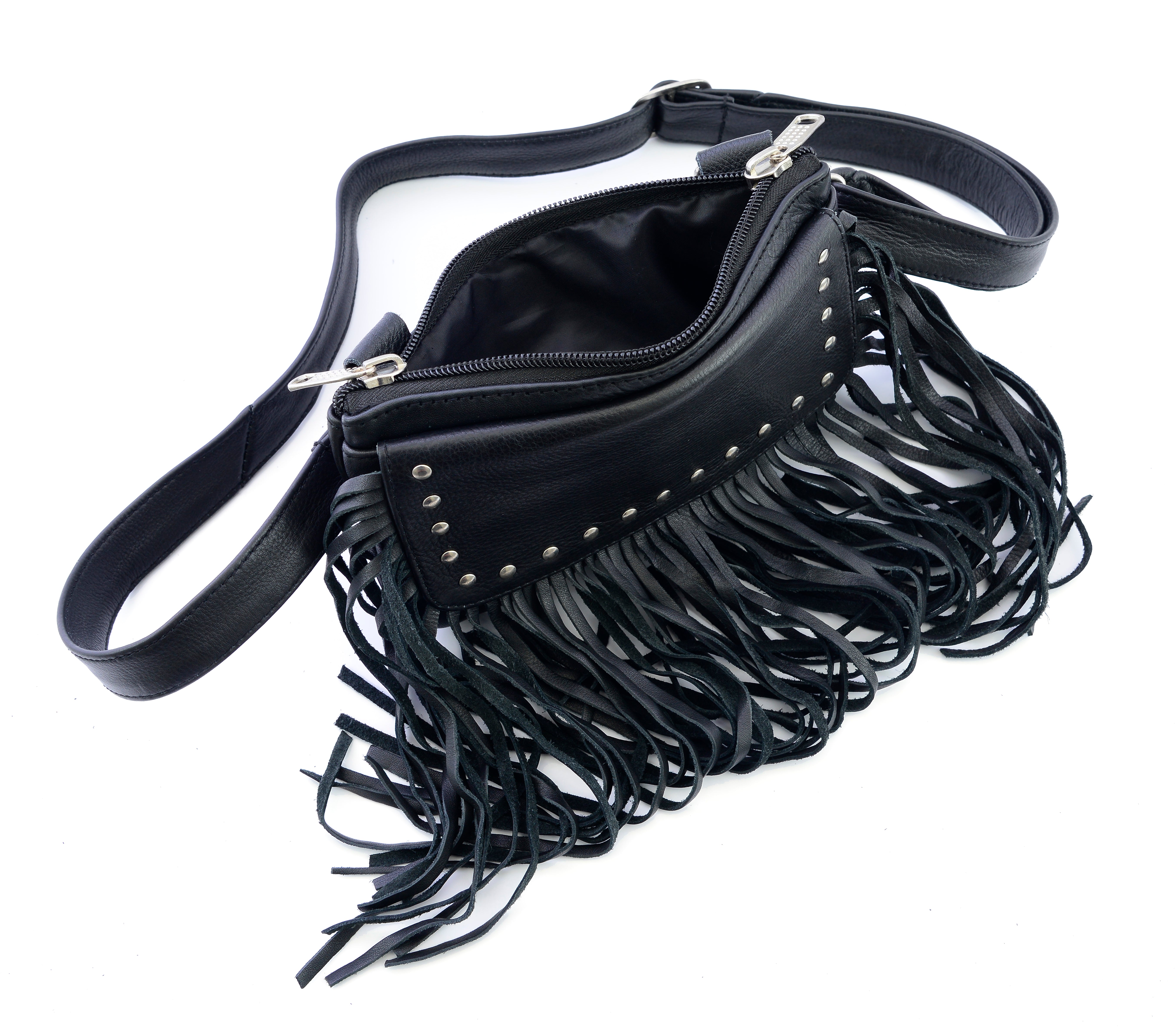 Black Fringe and Studded Hip Clip Leather Bag