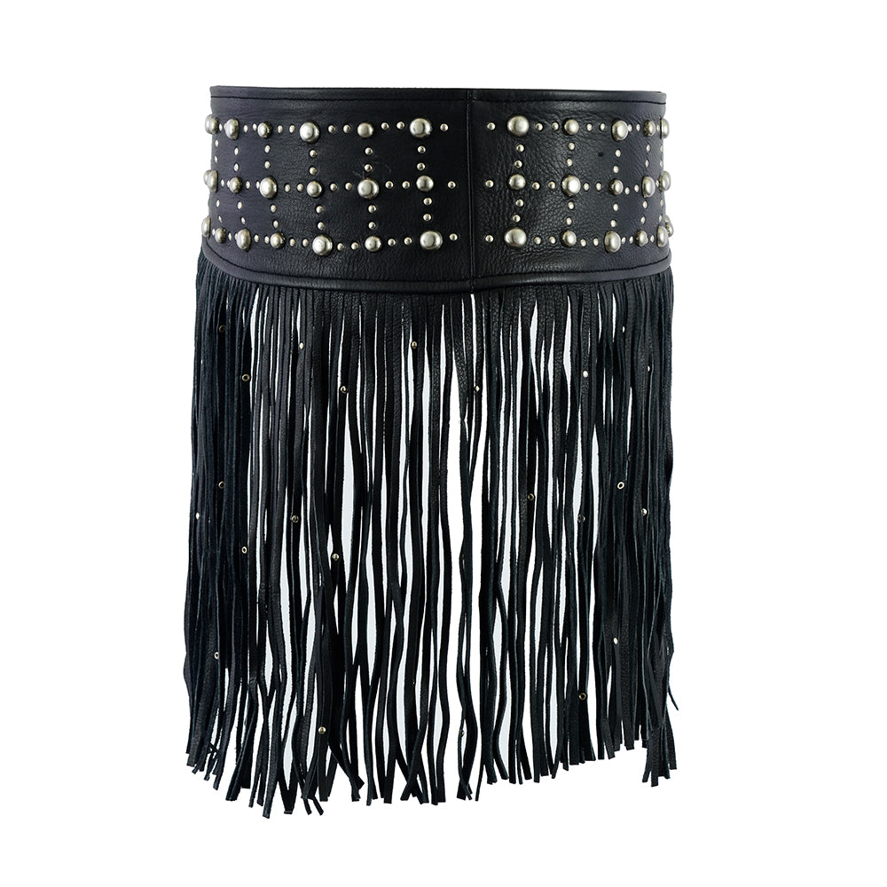 Black Tassel Studded Leather Hip Belt – Edgy Festival Waist Chain by Rexons