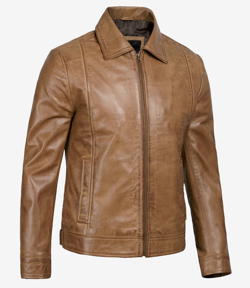 Men’s Vintage Style Genuine Leather Yellow Wax Jacket