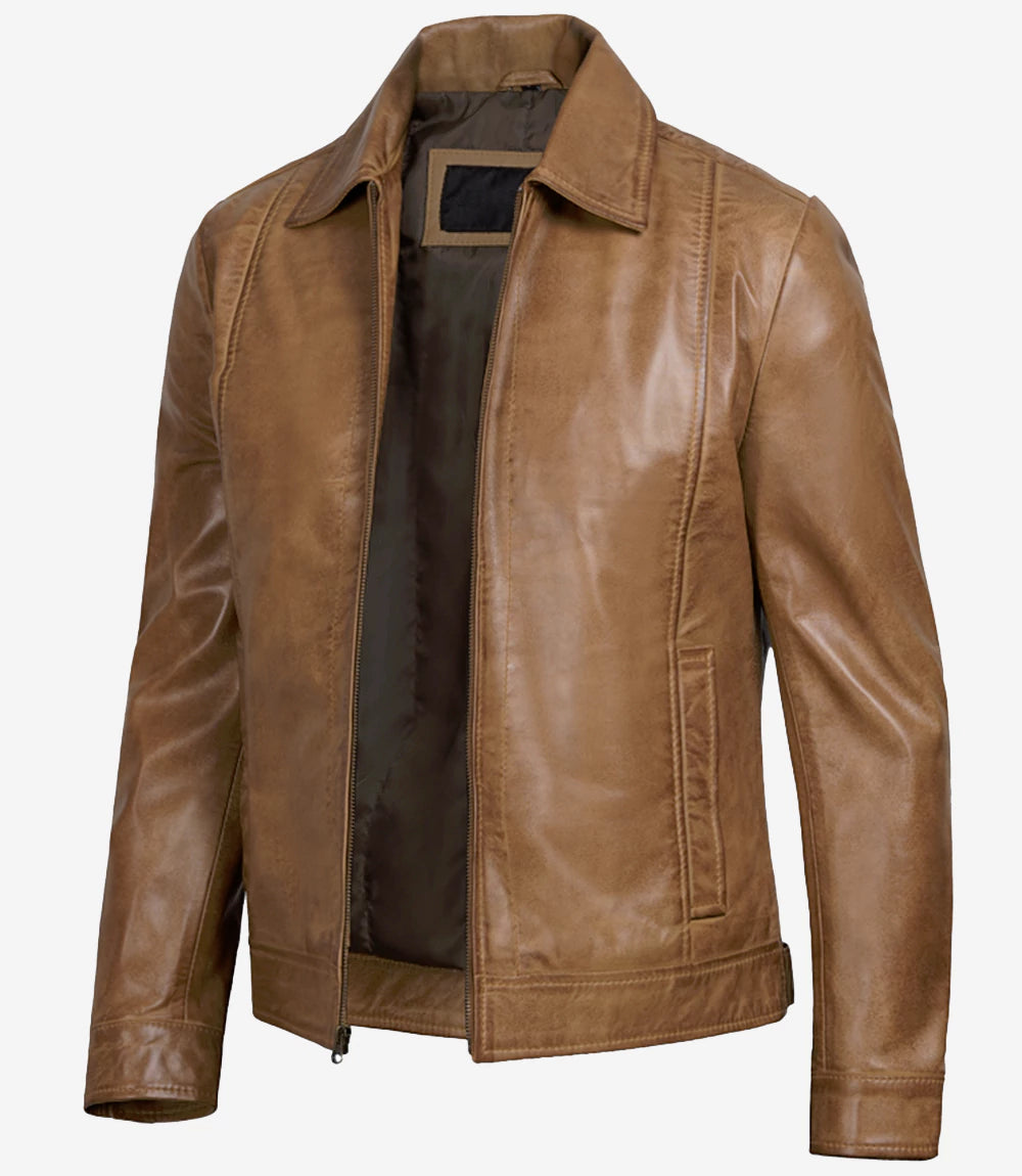 Men’s Vintage Style Genuine Leather Yellow Wax Jacket