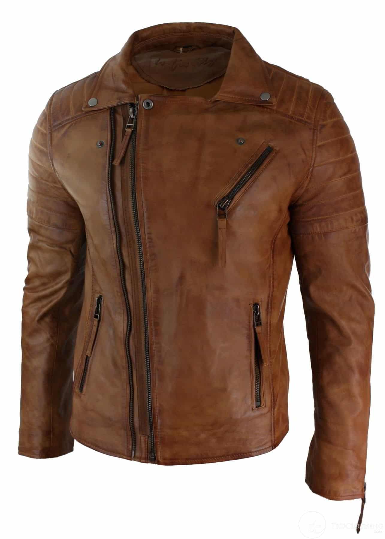 Real Leather Slim Fit Cross Zip Men’s Retro Vintage Jacket
