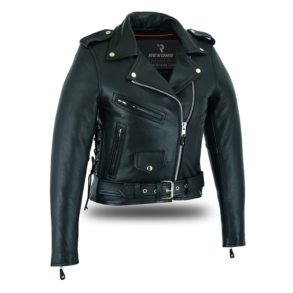 Women’s Full-Length Motorcycle Leather Jacket – Side Lace Design with Front Ammo Pocket