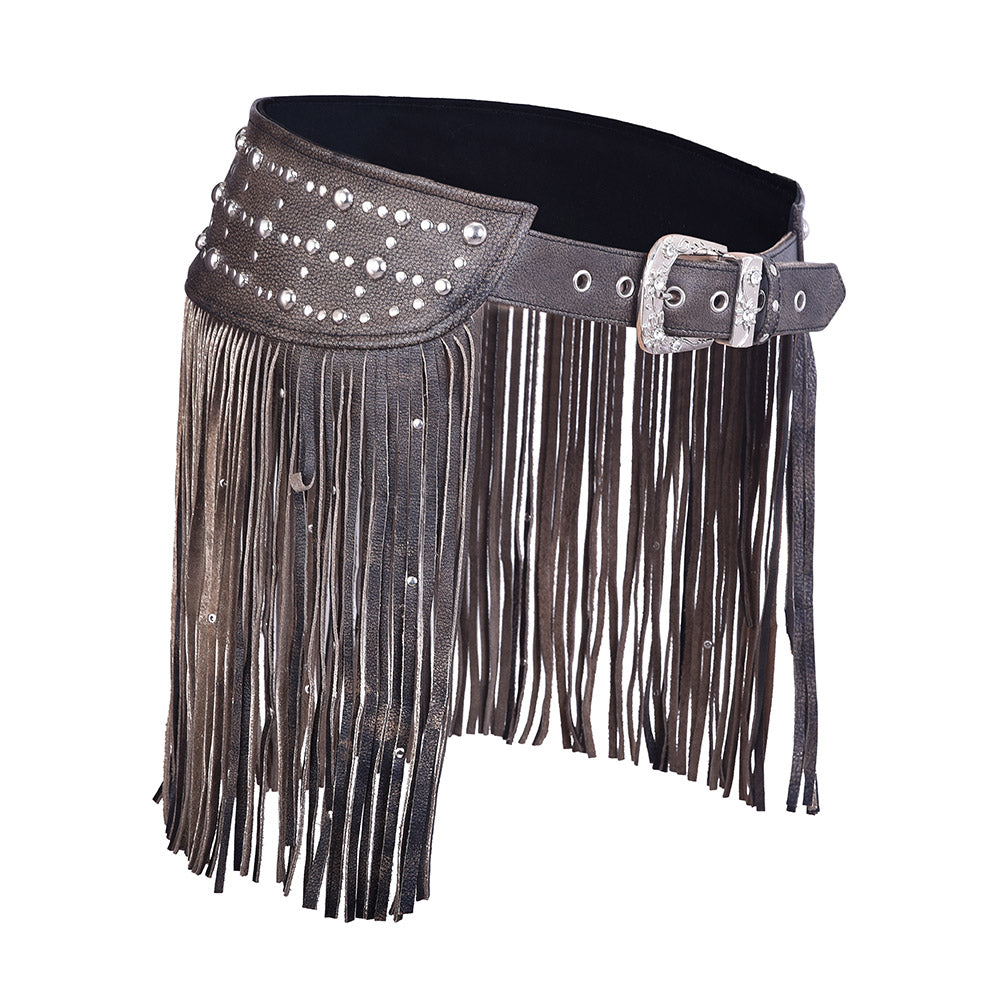Distressed Brown Tassel Leather Hip Belt – Boho Fringe Festival Waist Belt by Rexons